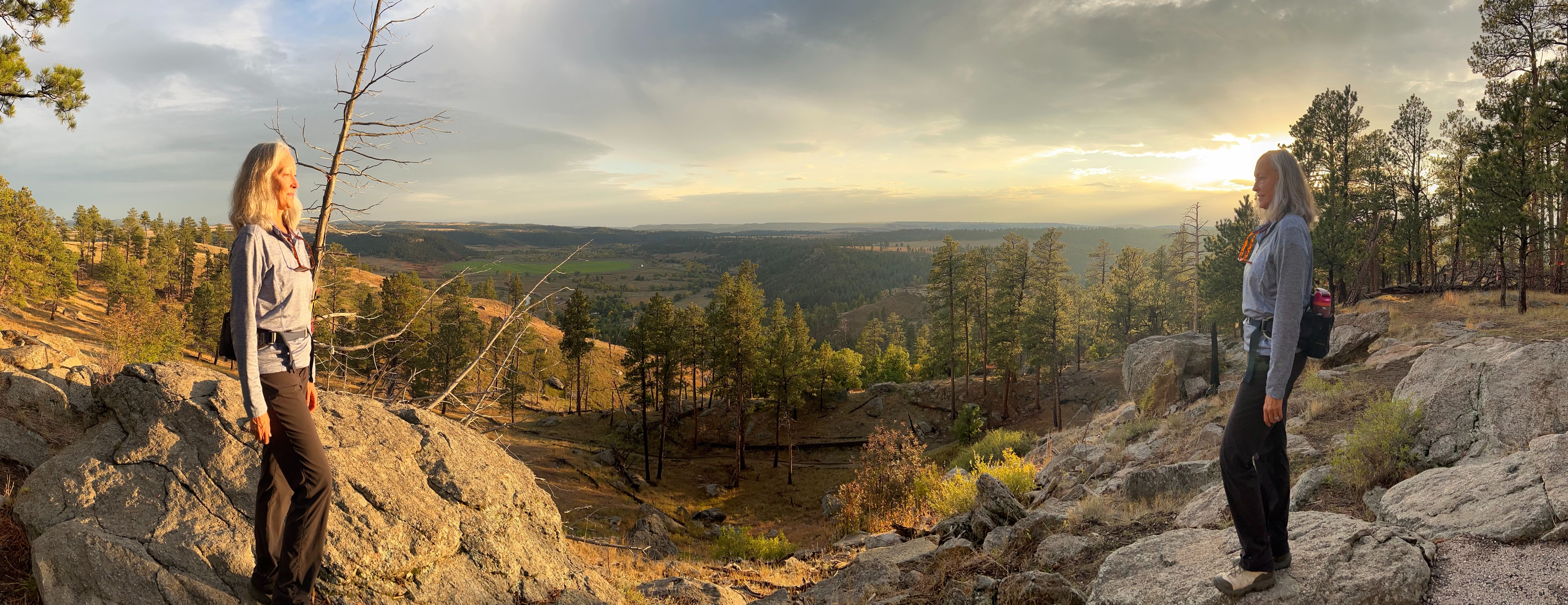 pano image of Kerry looking at herself: one side in the sunlight, other side in the shadow